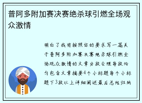 普阿多附加赛决赛绝杀球引燃全场观众激情