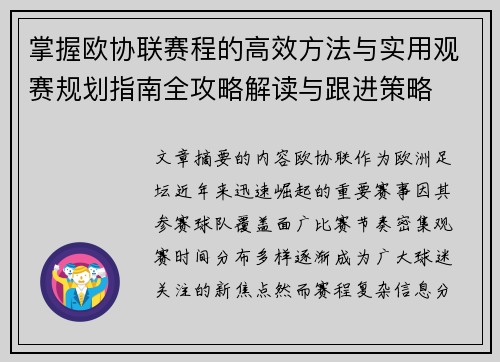 掌握欧协联赛程的高效方法与实用观赛规划指南全攻略解读与跟进策略